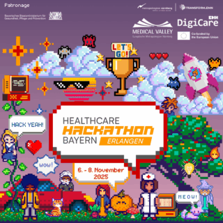 Buntes Pixel-Art-Motiv zum Healthcare Hackathon Bayern – Erlangen vom 6.–8. November 2025. Retro-Spielwelt mit Figuren, Symbolen und Veranstaltungslogo in der Mitte.